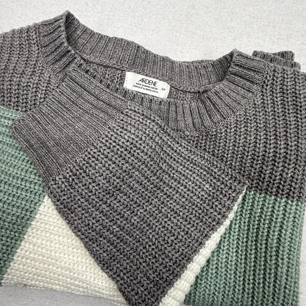 Ardene Color Block Crew Neck Cream/Gray/Green Women Knit Drop Shoulder Sweater S